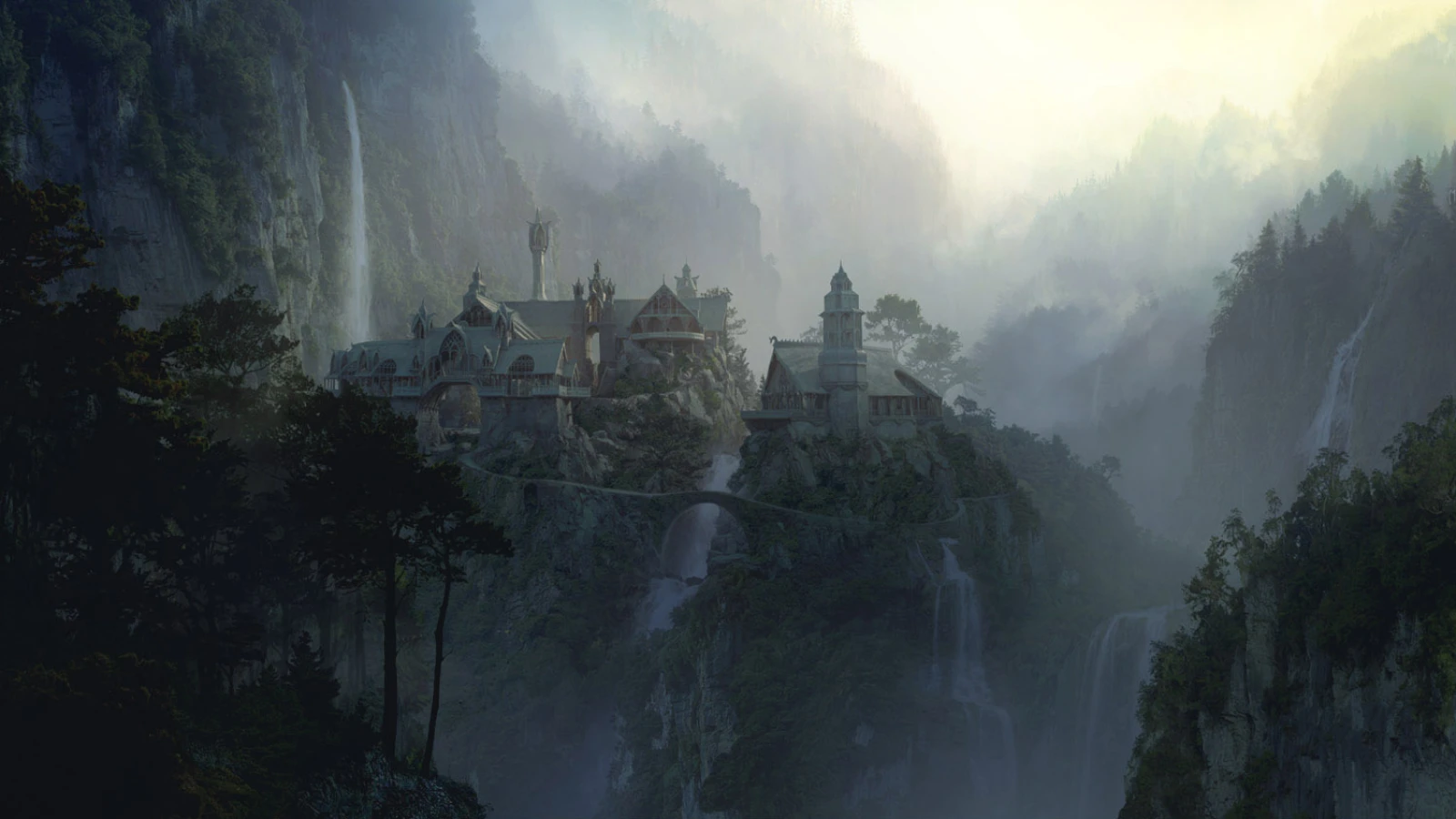  Forest city waterfall digital matte painting by Dusso 