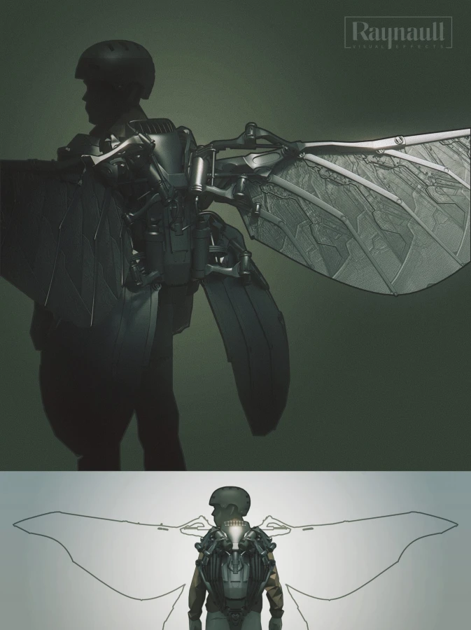 Moth design of robotic wings scaled concept art from Raynault vfx