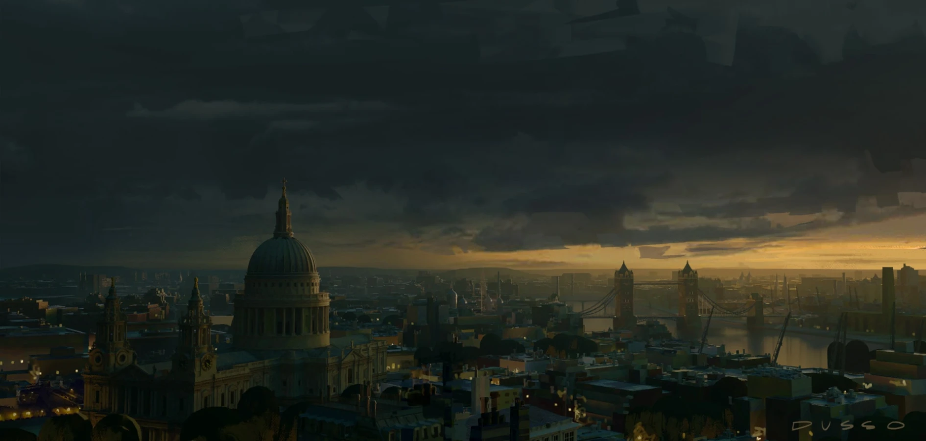 Dark view of London concept art from Raynault vfx