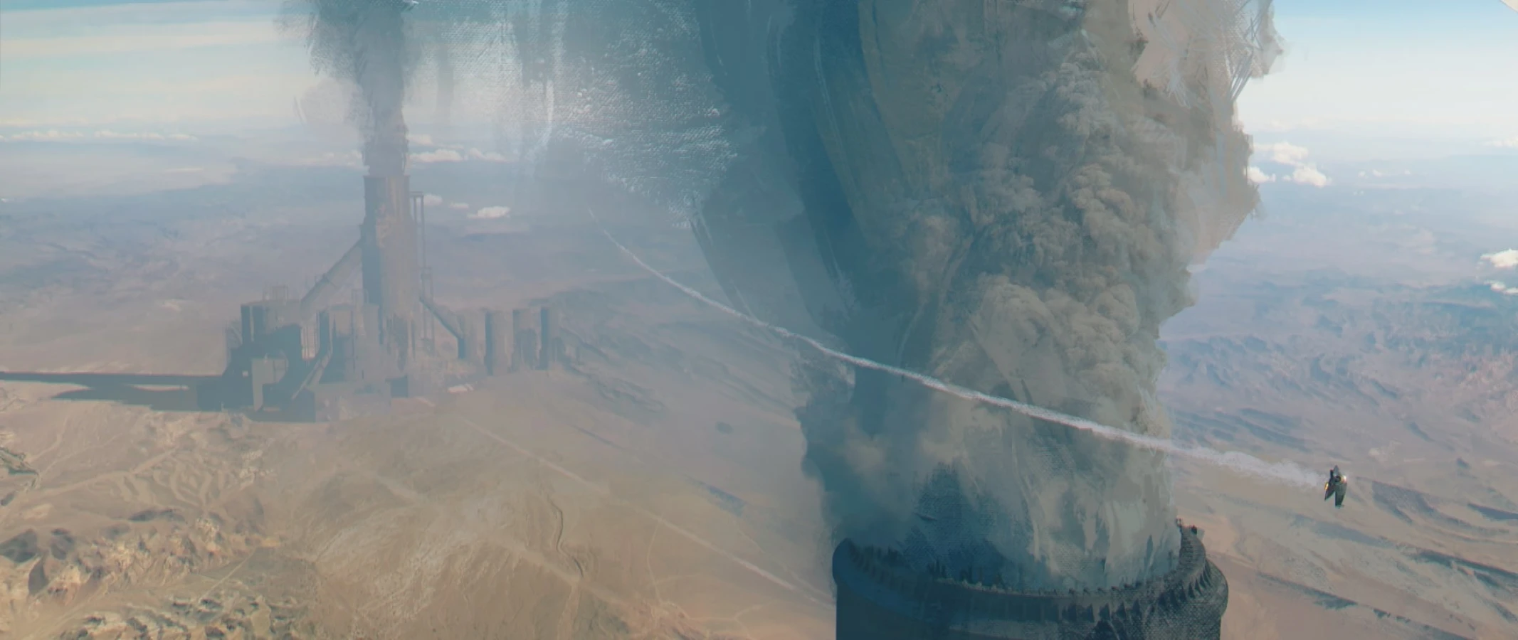 Small ship flying over tower in smoke in Mandalorian concept art Raynault vfx