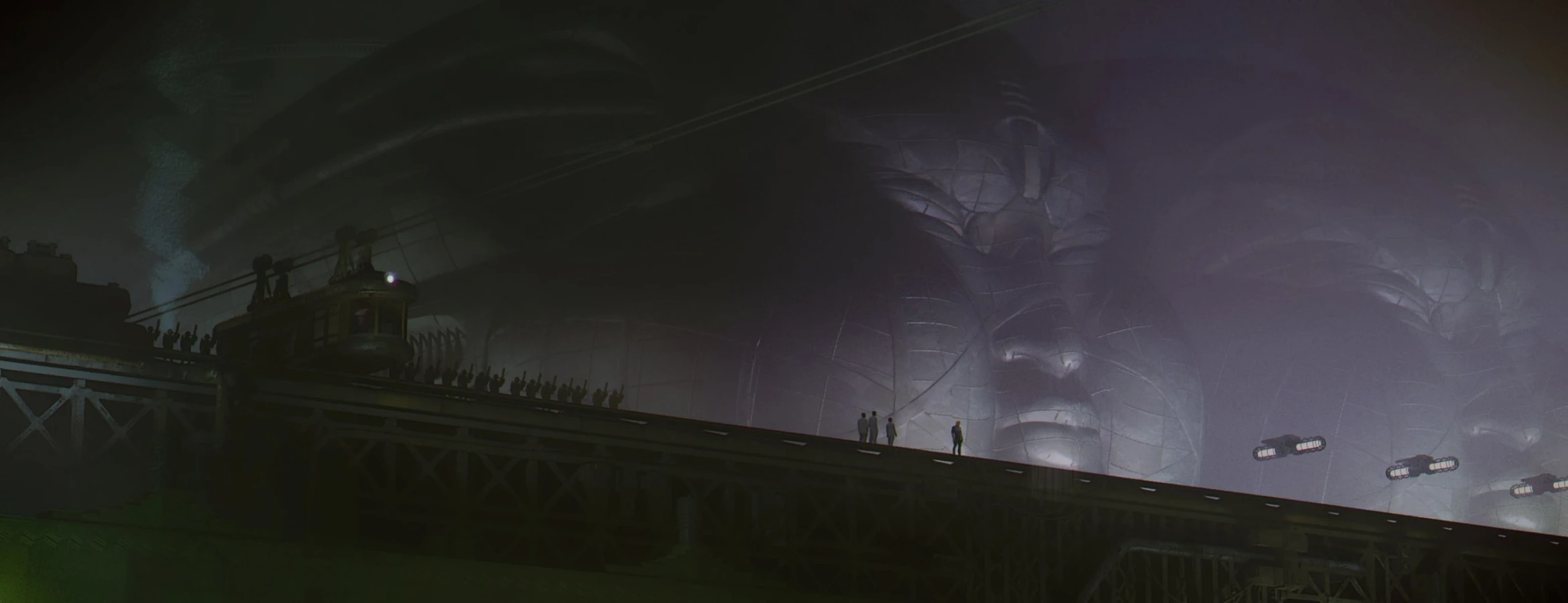 Art department concept art tramway view with spaceship Raynault vfx
