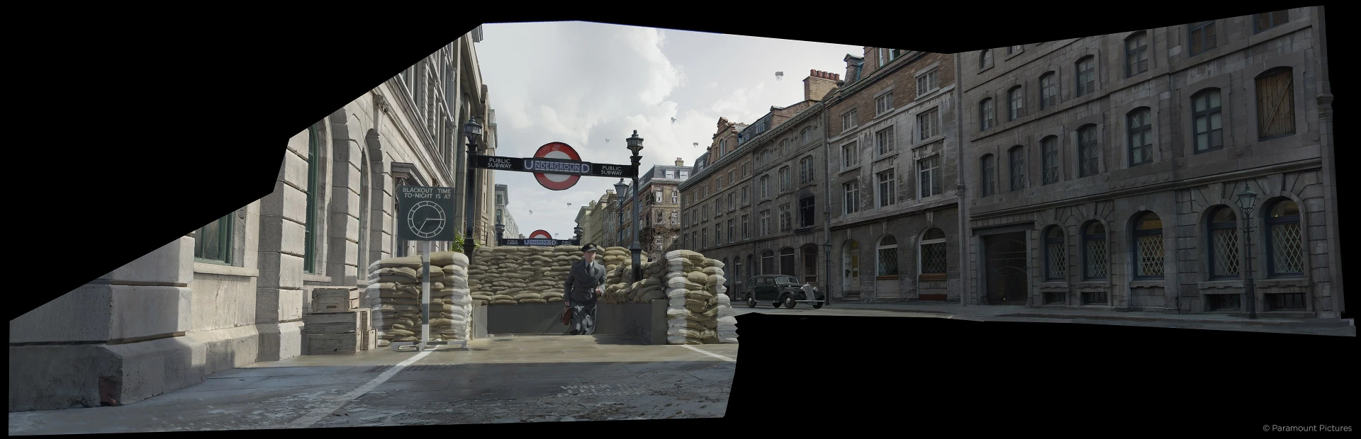 subway exit and barricade shot  in Allied from Raynault vfx