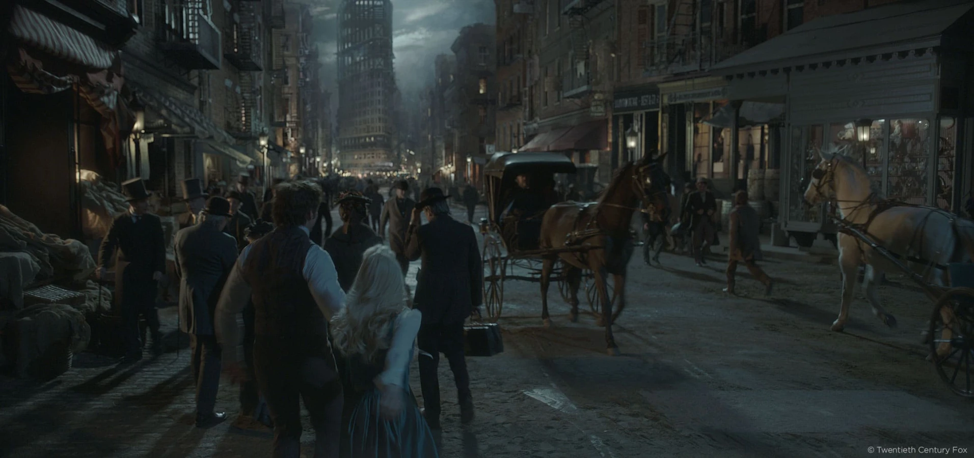 The Greatest Showman city street with horses and night carriage shot Raynault vfx